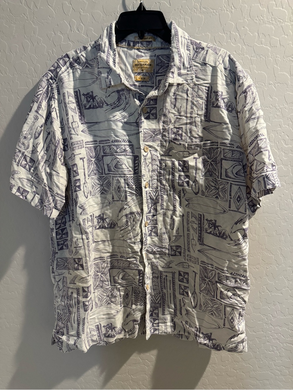 Quiksilver Cream Short-Sleeve Button-Up with Navy Surf Print